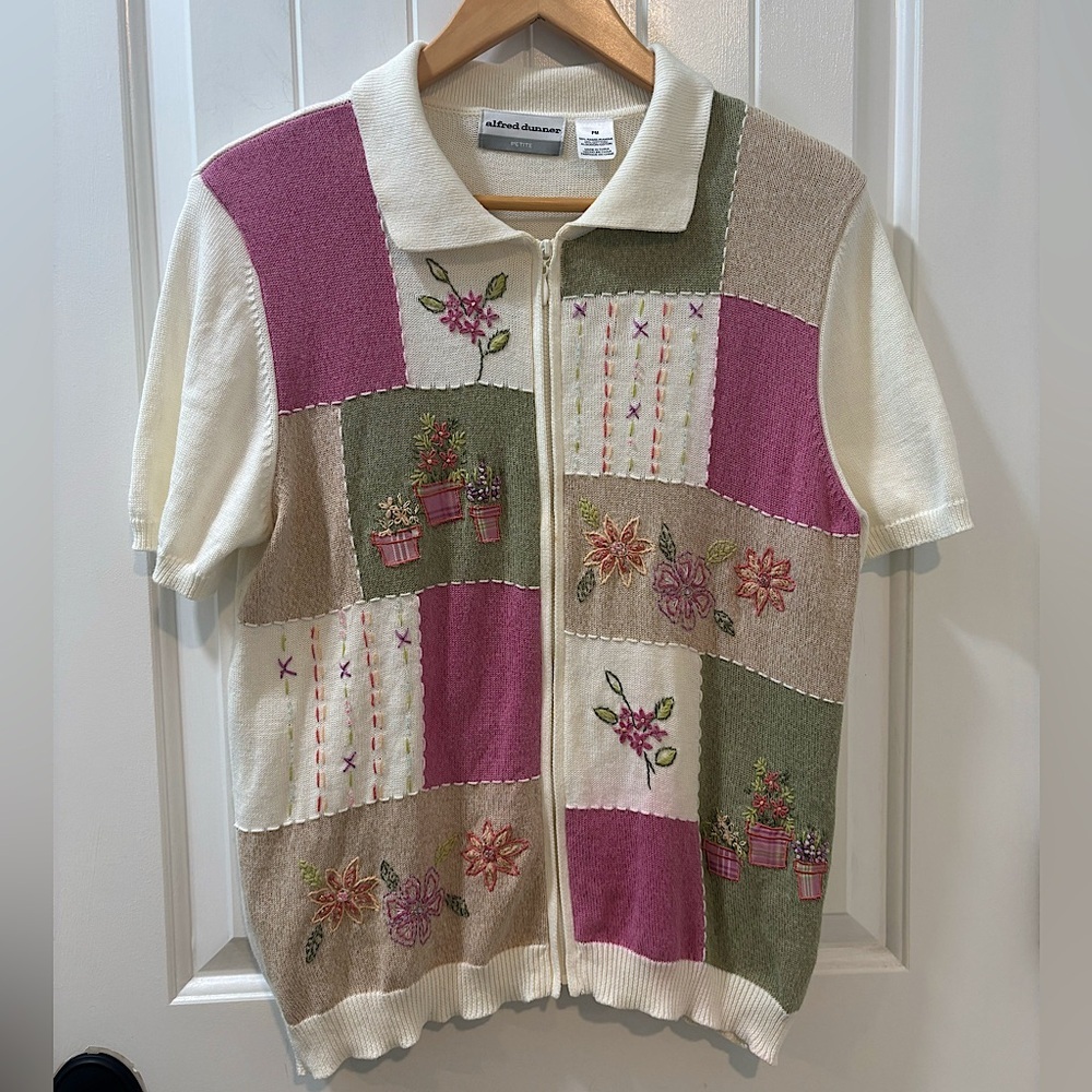 Vintage Alfred Dunner Floral Embroidered Patchwork Short Sleeve Sweater Jacket